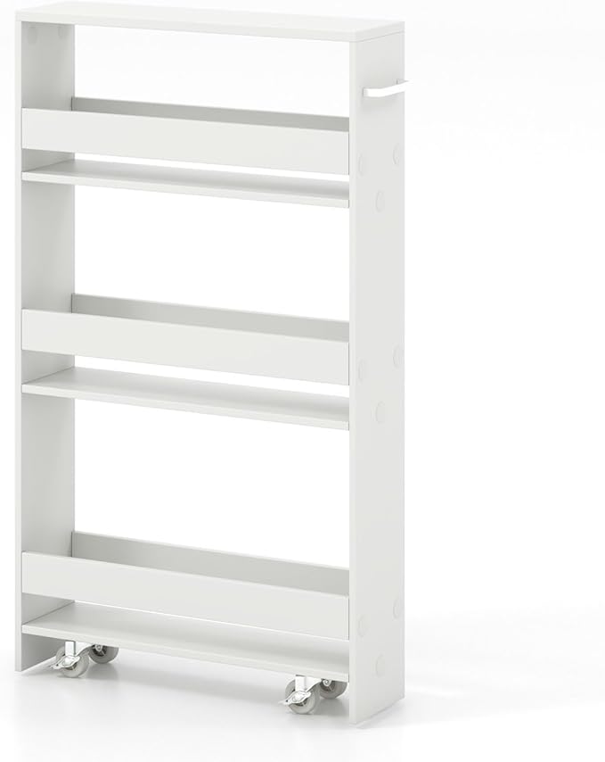 Giantex Slim Storage Cart 4 Tier, Rolling Narrow Island Cart, Side Cabinet w/Handle, Space Saving Trolley, Kitchen Utility Cart Tower Rack for Dining Room Laundry Room Bathroom, White