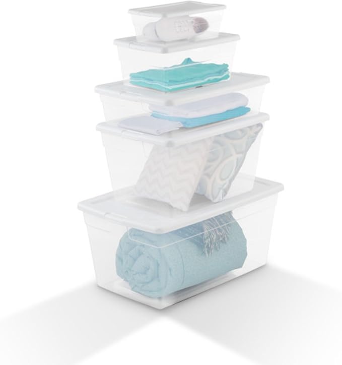 Sterilite 90 Qt Storage Box, Stackable Bin with Lid, Plastic Container to Organize Clothes, Blankets, Towels in Closet, Clear with White Lid, 1-Pack