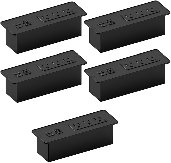 Kable Kontrol Recessed Power Strip with Fast Charging 2 PD65W USB-C Ports, 2 USB-A Ports, 3 Power Desk Outlets, Flush Mount Furniture Charging Station Grommet for Side Table, End Table - Black, 5 Pcs