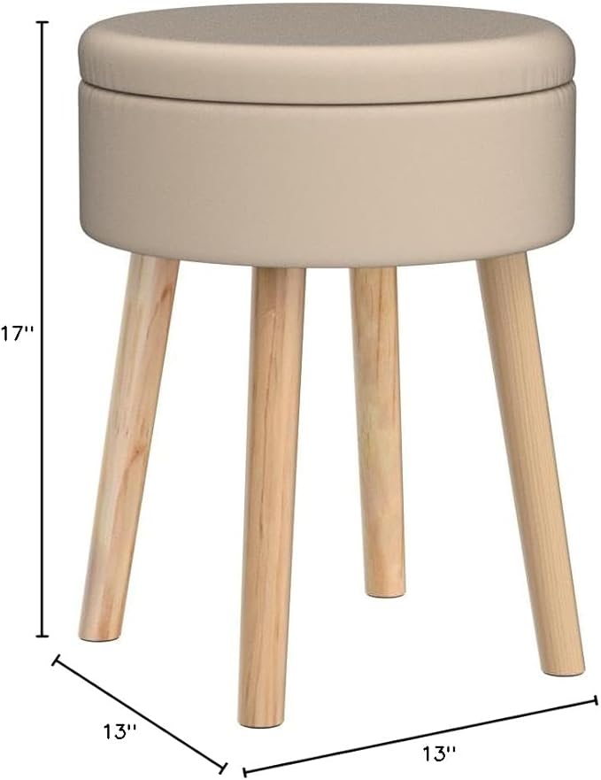Mxfurhawa Storage Ottoman Linen Round Vanity Stool Tray Top Modern Foot Stool with Wood Legs Multifunctional Upholstered Foot Ottoman Rest for Living Room, Bathroom, Makeup (Beige)