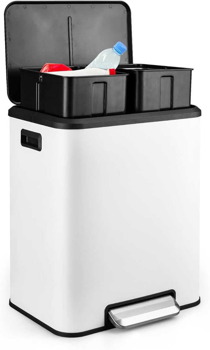 8 Gallon/30 Liter Dual Compartment Trash Can, Stainless Steel Garbage Can with Soft-Close Lid and Two Removable Inner Buckets, 2 x 15L Two Compartment Trash Bin for Kitchen Bedroom Home, White