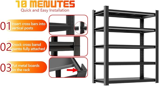 Garage Shelves,14-48''W Heavy-Duty Storage Shelves, Double-Layer Uprights, Thickened Shelves, Waterproof &Rustproof, Suitable for Indoor & Outdoor Use. (BLACK, 5TIER 45''W*16''D*72''H, 5-TIER)