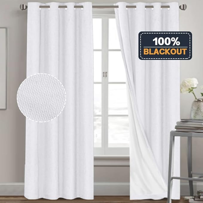 PrinceDeco Blackout Curtains 84 Inches Long Linen Blackout Curtains for Bedroom Light-Blocking Sleep Enhancers Anti-Rust Grommet Drapes with White Liner, W52 x L84 inch, Pure White