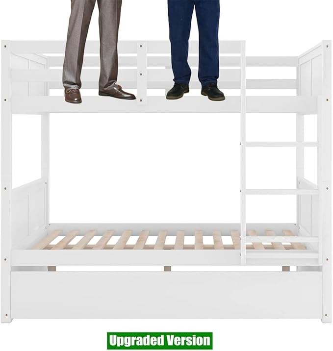 TSAMPA Latest Upgraded & Stronger Heavy Duty Solid Wood Full Over Full Bunk Bed with Trundle, Thickened Safer Convertible Bunk Bed Frame Full Over Full Size Bunk Bed (Easier to Assemble) (White)