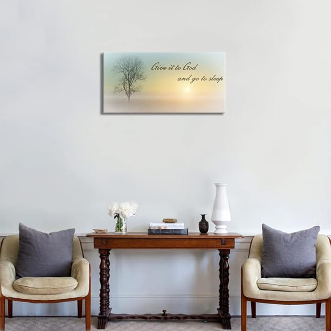 Wall Art for Bedroom of Waterproof Quote Paintings, Family Wall Decor of Misty Sunrise & Plant, Room Wall Pictures of Large Wall Art, White Country Decor by Wood Inner Framed ( 16x32 )
