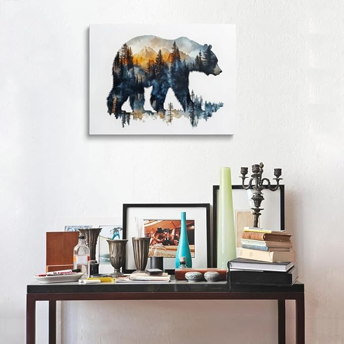 Bear Silhouette Forest Landscape Canvas Wall Art Framed Print Watercolor Painting Nature Wildlife Wall Decor Artwork Poster Sunset Colors Mountain Tree for Living Room Bedroom Office 12x16 Inches