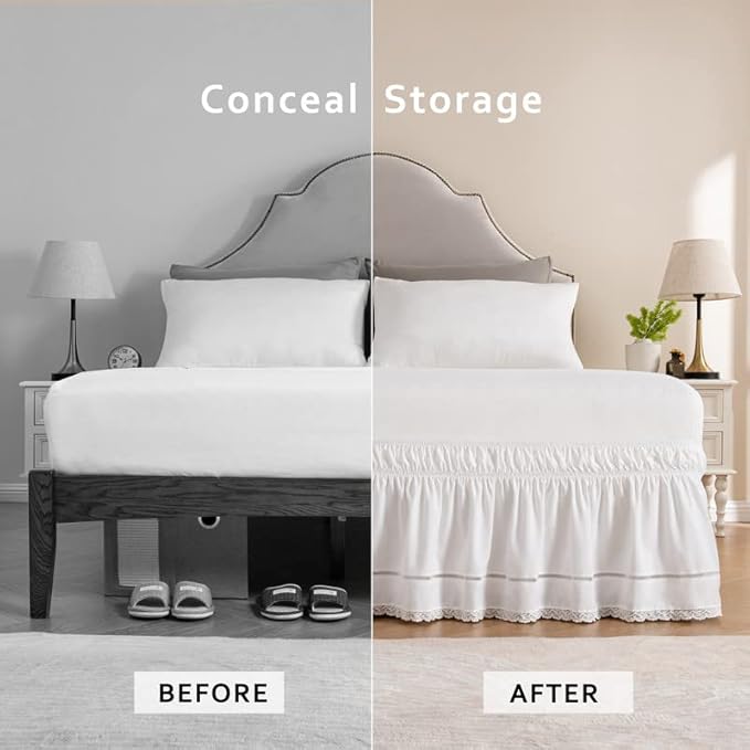 MIYE Wrap Around Ruffled Lace Bed Skirt, Elastic Dust Ruffle with Adjustable Belts, Easy to Put On, Bed Frame Cover, Machine Washable (Floral Lace/White, Full/Twin-18 Drop)