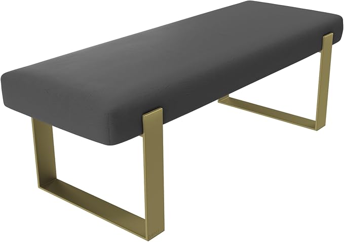 VANT Upholstered Bed Bench - Vintage Leather Grey Pewter - Burnished Brass - Contemporary Modern, Bedroom Bench Seat, Hallway, or Entryway