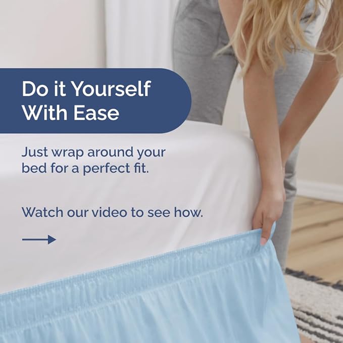 Wrap Around Dust Ruffle Bed Skirt - Light Blue - for King Size Beds with 24 Inch Drop - Elastic Strap - Adjustable Pleated Bedskirt with Brushed Fabric and Wrinkle Free - for Women, Men, Kids & Teens