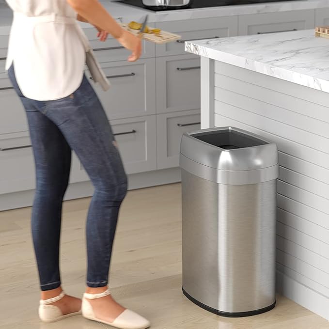 iTouchless 13 Gallon / 50L Open Top Trash Can, Oval Stainless Steel with Double AbsorbX Odor Filters – Fingerprint-Resistant Modern Kitchen and Office Waste Bin for Hassle-Free Disposal