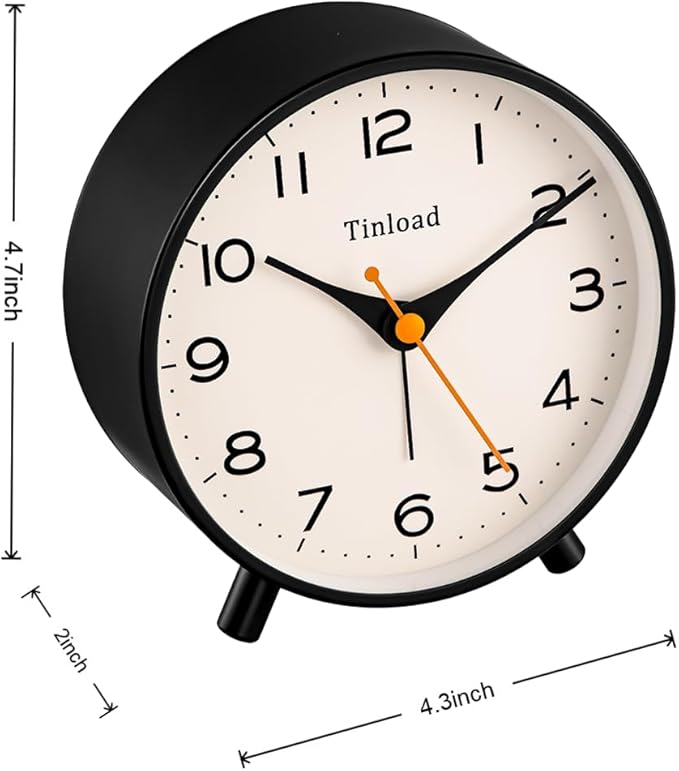 4.5" Antique Retro Analog Alarm Clock, Small Silent Bedside Desk Clock,Lighted on Demand, Battery Operated, Snooze, for Living Room, Bedroom, Bedside(Black)