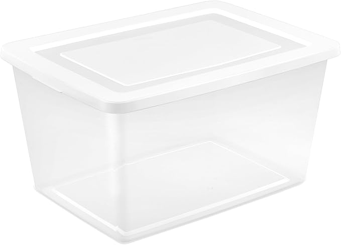 Sterilite 16 Pack Storage Box, 58 Quart Stackable Tote, Clear Plastic Container with Secure Snapping Lids for Home and Office Organization, White