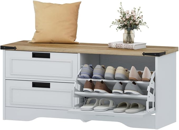FATORRI Shoe Storage Bench, Entryway Bench with Flip Drawer, Wooden Entry Way Shoe Cabinet for Living Room Hallway (Rustic Oak+White Oak)