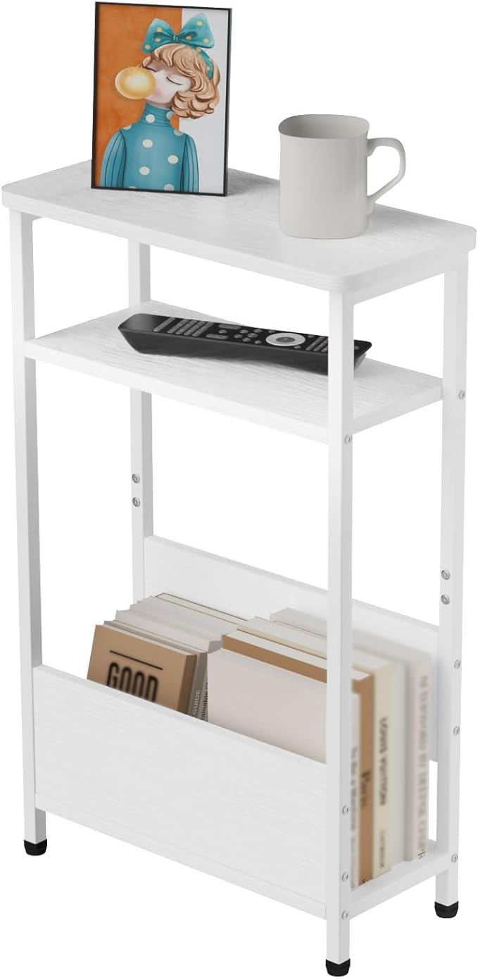 THUMEYE 7.1" Narrow Side Table for Small Spaces, 3 Tier Small End Table with Magazine Holder, Slim/Skinny Nightstand/Bedside Table for Living Room, Bedroom, 15.4" L x 24.2" H, White