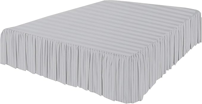 KRISHNA Ruffled Bed Skirt with Split Corners Queen, 100% Microfiber Hotel Quality, 15 Inch Drop Dust Ruffle Gathered Bedskirt with Platform, 60" x 80", Light Grey Stripe