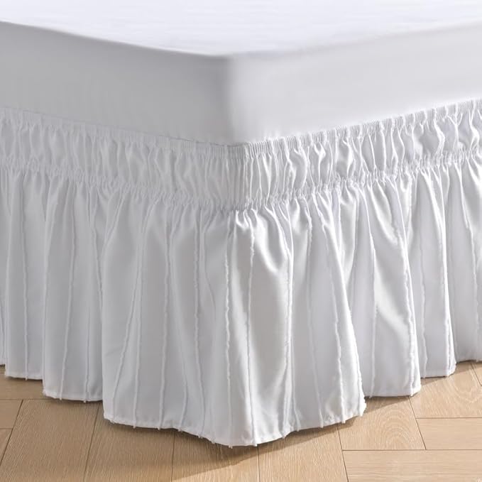 MIYE Striped Tufted Bed Skirt - Wrap Around Dust Ruffle with Elastic Belts - 15 Inch Drop Easy to Put On - Bedskirt Machine Washable ＆ Wrinkle Resistant(Striped/White, Full/Twin-15 Drop)