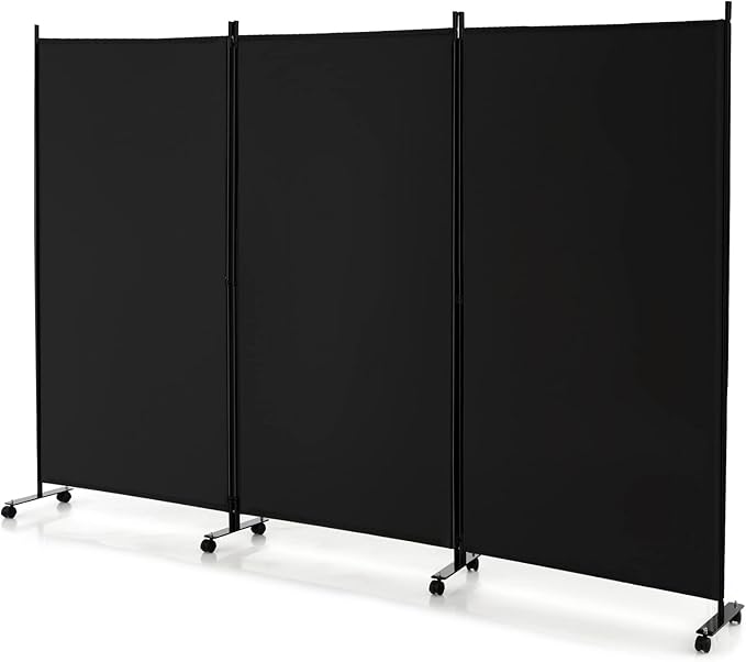 GOFLAME 3 Panel Folding Room Divider, 6FT Rolling Privacy Screen with Lockable Wheels, Portable Room Partition Screen, Freestanding Wall Divider and Separator for Home Office, Black