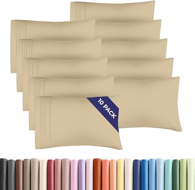 Queen Pillow Cases Set of 10 - Ultra Soft Hotel Quality Pillowcase Covers - Comfy & Wrinkle Free - Shrink, Stain and Fade Resistant - Easy-Care, Machine Washable Pillow Protectors - 10 Pcs Set - Beige