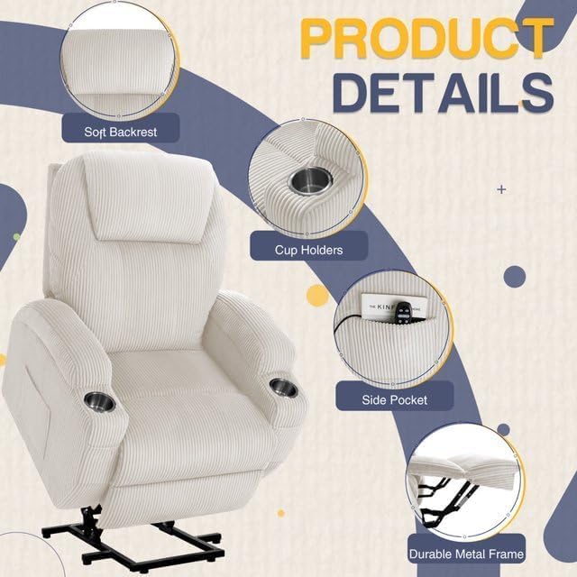 Furmax Electric Power Lift Recliner Chair with Massage for Elderly Corduroy Fabric Recliner Single Sofa with Cup Holders, Side Pockets and Remote Control for Living Room Bedroom (White)