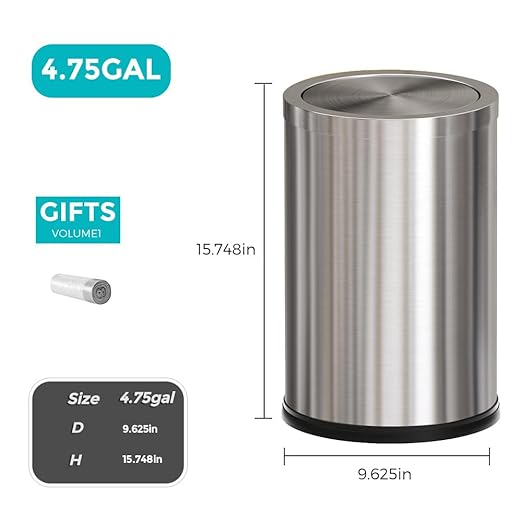 4.7 Gallon/18L Stainless Steel Bathroom Trash Can,Silver Garbage Bin with Swing Lid,Round,Elegant Waste Basket,for Toilet,Kitchen,Living Room,Hotel,Home (18L-Silver)