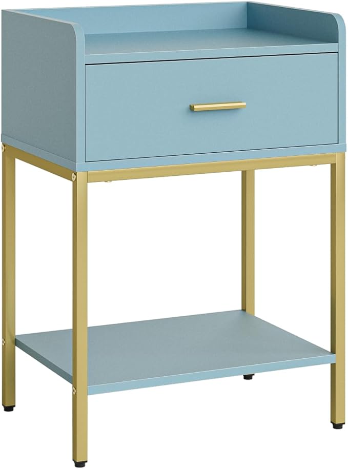 Masupu Nightstand,Bedside Table 3-Tier Modern Night Stand with Storage Drawer and Shelf,Small End Side Table for Bedroom,Living Room,Black (Without Outlet, Blue)