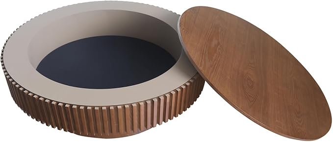 LKTART Round Coffee Table for Living Room, Accent Fluted Drum Coffee Table with Storage, Modern Solid Wood Veneered Circle Center Tea Table for Small Space Apartment (39.4''D×14''H-Walnut)