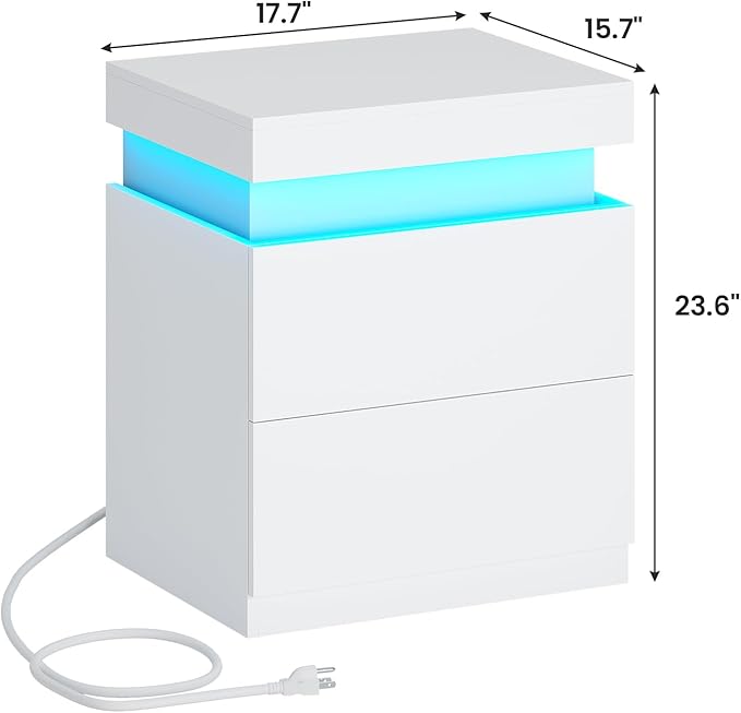 ADORNEVE White Nightstand with Charging Station and LED Lights,Night Stand with Sliding Top,Bedside Table with 2 Drawers,Modern End Side Table for Bedroom