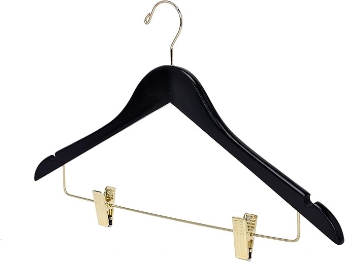 Quality Hangers Quality Wooden Skirt Hangers with Clips 80-Pack Black Pants Adjustable Gold Metal Clips, Swivel Hook, Coat, Jacket, Blouse Suit (Black - 80) 17.5''