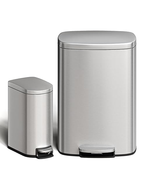GarveeHome 13 Gal & 2.6 Gal Trash Can Combo Set, Kitchen Trash Can and Bathroom Trash Bin with Lid, Step-On Rustproof Garbage Bin with Inner Bucket, Black
