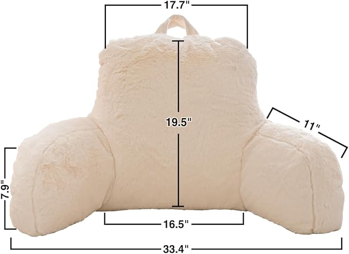 Holawakaka Large Faux Fur Bed Rest Pillow with Arms, Rabbit Fur Reading Pillows Perfect for Adults Men Women, Arm, Back, Pregnancy Lumbar & Head Neck Coccyx Lower Back Support Cushion (Ivory)