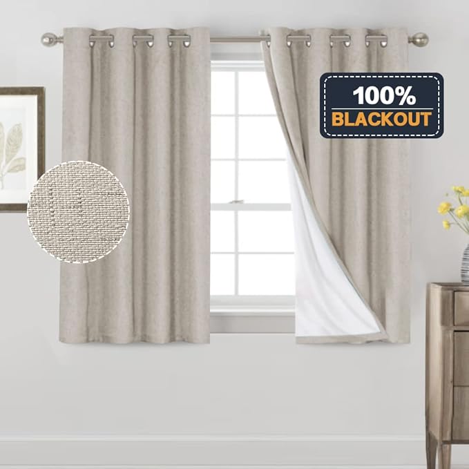 PrinceDeco 100% Blackout Linen Textured Curtains for Bedroom Anti-Rust Grommet Dining Room Drapes Thermal Insulated with White Liner Textured Blackout Curtains 2 Panels Set,52" W x 54" L,Cobblestone