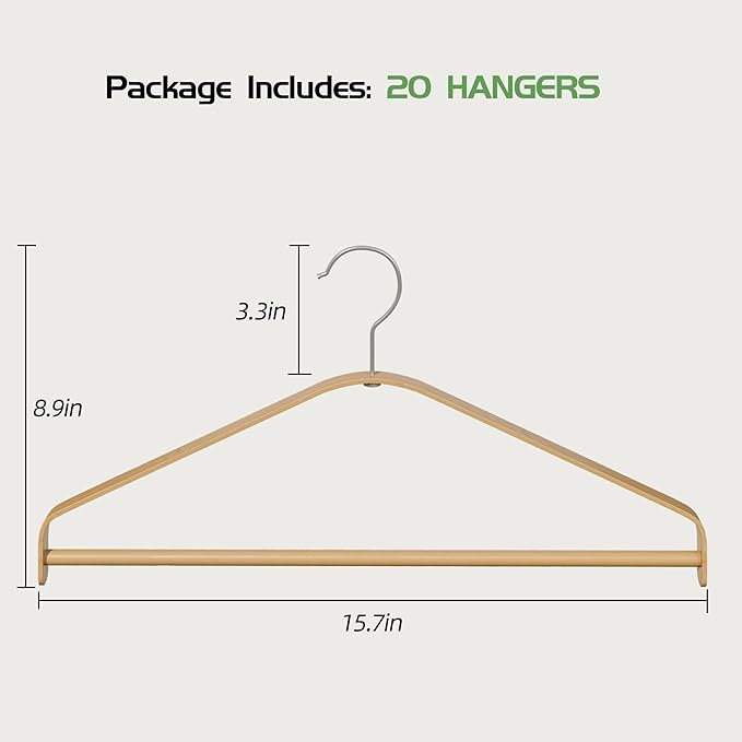 Bamboo Wood Hangers 20 Packs, Coat Hangers, Clothes Hangers with 360-Degree Rotatable Hook, Heavy Duty, Non Slip Suit Hangers for Clothes, Jacket, Shirt, Tank Top, Pant (Bamboo, 20 PCS)