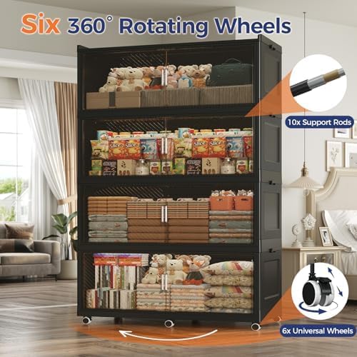 200GAL Extra Large Storage Bins with Lid, 800QT Collapsible Organizer with Wheels, Stackable Closet Cabinet with Doors, Folding Storage Containers for Home, Office, Kitchen, 4Pack Black