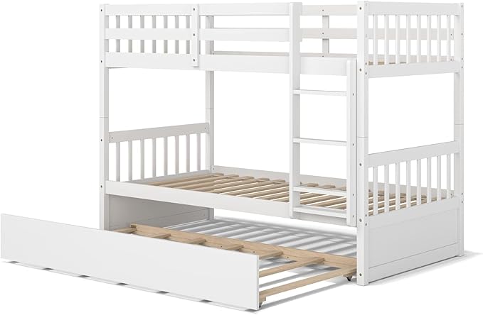 KOMFOTT Wood Twin Over Twin Bunk Bed with Trundle, Solid Pine Wood Bunk Bed Frame with Ladder & Safety Guardrails, Space-Saving Convertible Twin Bed Frame for Home & Dormitory, No Box Spring Needed