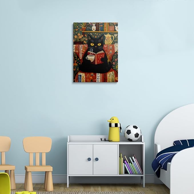 Black Cat Wall Art Canvas Reading Cat Artwork Cozy Library Illustration Vintage Folk Style Animal Painting Cottagecore Home Decor For Living Room Bedroom Study Office Book Lover Gift 12x16 Inches