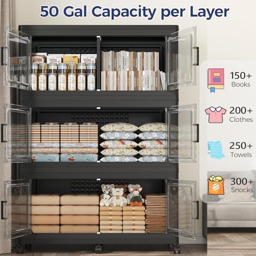 200GAL Extra Large Storage Bins with Lid, 800Qt Stackable Closet Organizers and Drawers, Collapsible Storage Bins with Wheels, Folding Containers for Home, Kitchen Office, 4Pack Black