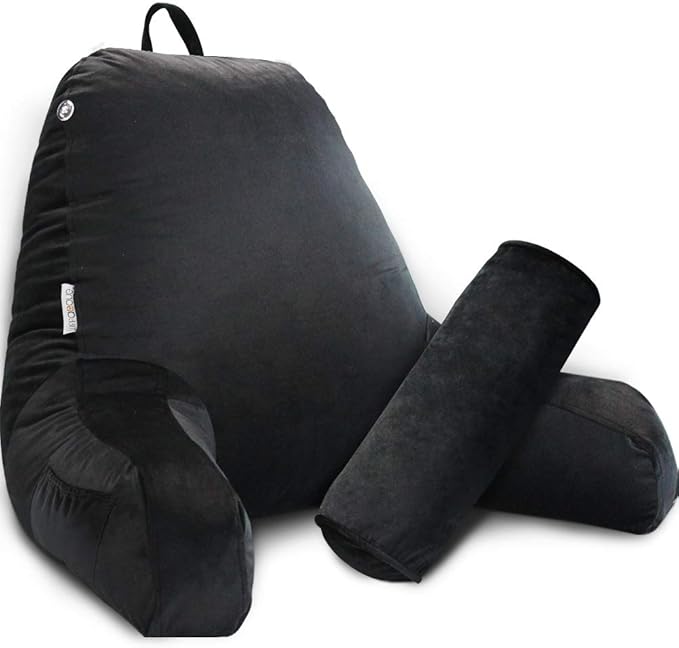 mittaGonG Reading Pillow for Sitting in Bed Adult with Detachable Neck Roll & Big Backrest Pillow for Bed Sitting up with Arms Side Pocket Shredded Foam Large Back Chair Pillow with Washable Cover