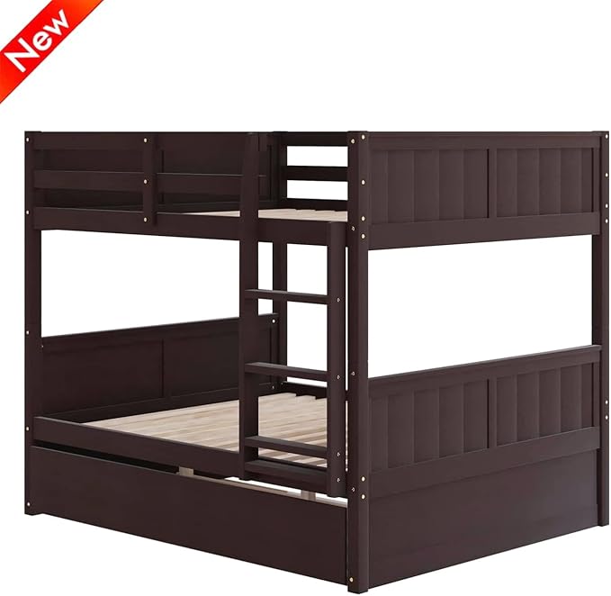 TSAMPA Latest Upgraded & Stronger Heavy Duty Solid Wood Full Over Full Bunk Bed with Trundle, Thickened Safer Convertible Bunkbed Frame (Easier to Assemble) (Espresso)