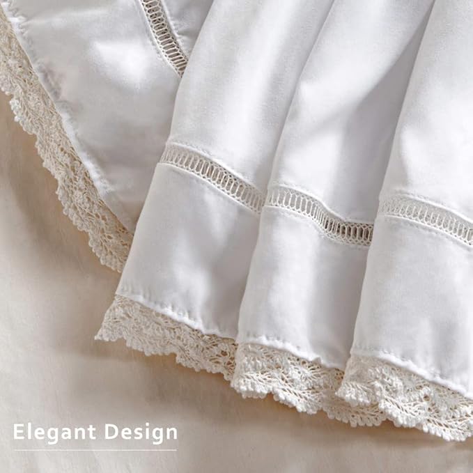 MIYE Wrap Around Ruffled Lace Bed Skirt, Elastic Dust Ruffle with Adjustable Belts, Easy to Put On, Bed Frame Cover, Machine Washable (Floral Lace/White, King/Queen-18 Drop)