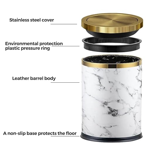 4 Gallon Bathroom Trash Can with Swing Lid, White Gold Garbage Can, White Marble Leather Waste Basket, for Bedroom Kitchen Powder Room (Marble)