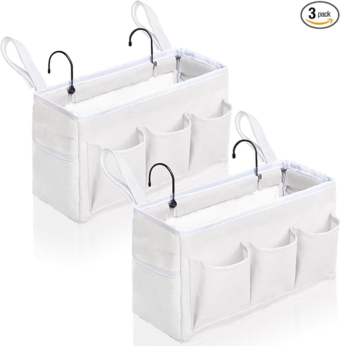 Kanrichu 2Pcs Beside Caddy Storage Organizer, Hanging Bag Holder with Pockets for Bedroom, Loft Bed Tent, Bed Curtain, Top Bunk bed Shelf Accessories Bedside Caddy 3-pocket (White-2pcs)