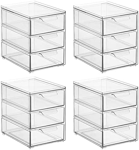 mDesign Plastic Stackable Organizer with 3 Drawers - Pull-Out Drawer Storage Bin for Bathroom Sink/Cabinet Organization - Perfect for Makeup, Small Towels, and More - Lumiere Collection, 4 Pack, Clear