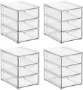 mDesign Plastic Stackable Organizer with 3 Drawers - Pull-Out Drawer Storage Bin for Bathroom Sink/Cabinet Organization - Perfect for Makeup, Small Towels, and More - Lumiere Collection, 4 Pack, Clear