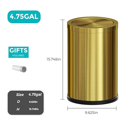 4.7 Gallon/18L Stainless Steel Bathroom Trash Can,Gold Garbage Bin with Swing Lid, Round, Elegant Waste Basket, for Toilet Bathroom Cafe Kitchen Office Hotel Home (18L-Gold)