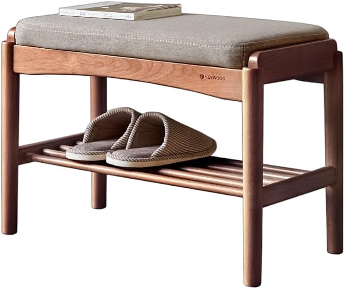 Solid Wood Shoe Bench, Shoe Rack Bench Assembled with Gray Cushion for Entryway, Hallway, Bedroom, Living Room, 11.8" x 23.6" x 16.5", Beech Wood, Walnut