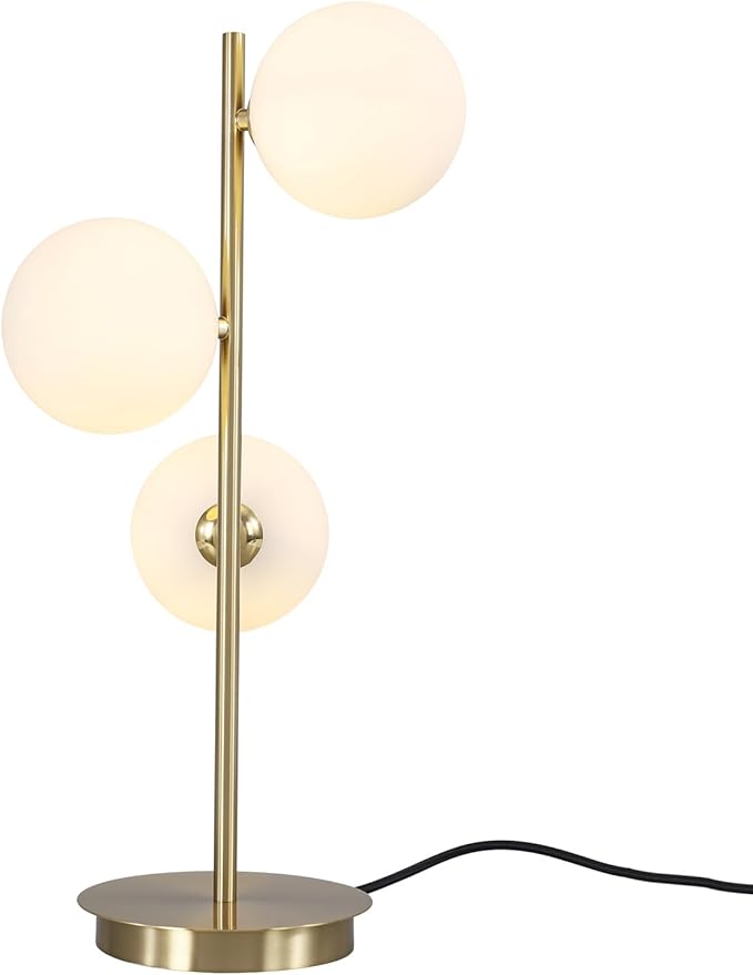 Modern Glass Globe Table Lamp 3 Lights Mid Century Small Gold Desk Lamp Contemporary Minimalist Brass Bedside Table Lamps with White Glass Shade Reading Lamp for Bedroom Office G9 MTL03-W