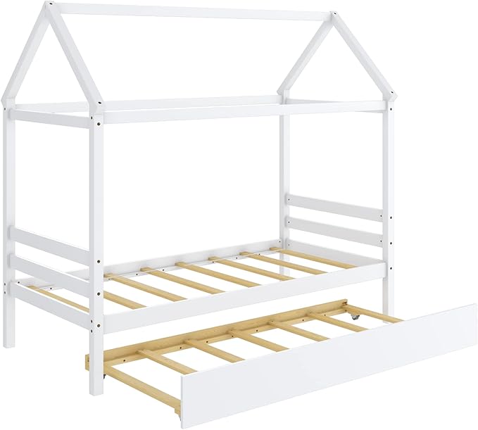 Giantex House Bed with Trundle, Solid Wood Twin Size Daybed for Girls & Boys, Kids Platform Bed Frame with Roof for Bedroom, No Box Spring Needed, White