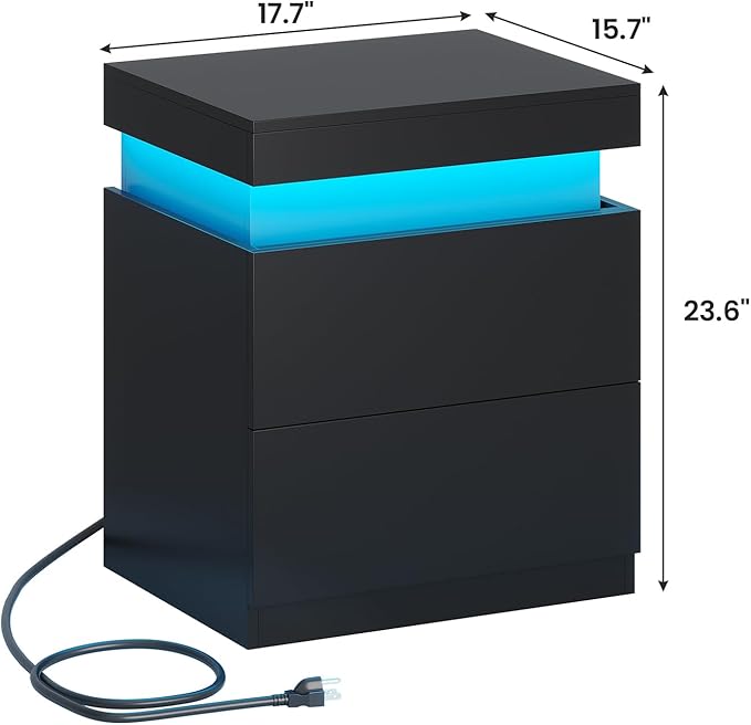ADORNEVE Black Nightstand with Charging Station and LED Lights,Night Stand with Sliding Top,Bedside Table with Drawers,Modern End Side Table for Bedroom