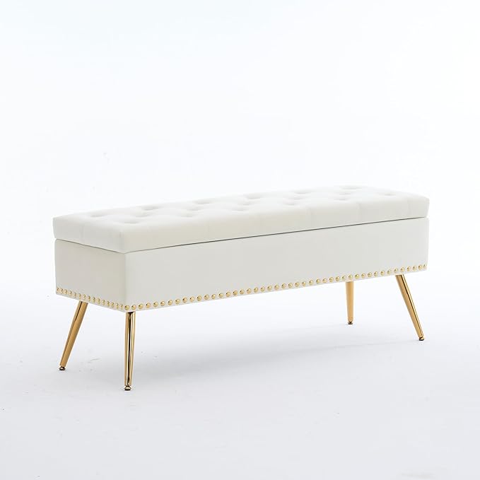 Velvet Storage Bench with Gold Legs& Nailhead Trim, 46" Wide Upholstered Modern Bedroom Bench for End of Bed, Tufted Ottoman for Entryway Living Room Dining Room (Ivory White, 46" Wide)