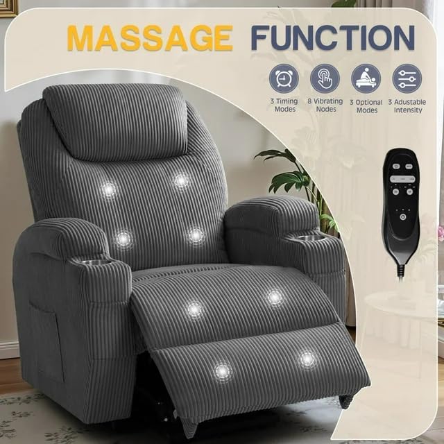 Furmax Electric Power Lift Recliner Chair with Massage for Elderly Corduroy Fabric Recliner Single Sofa with Cup Holders, Side Pockets and Remote Control for Living Room Bedroom (Gray)